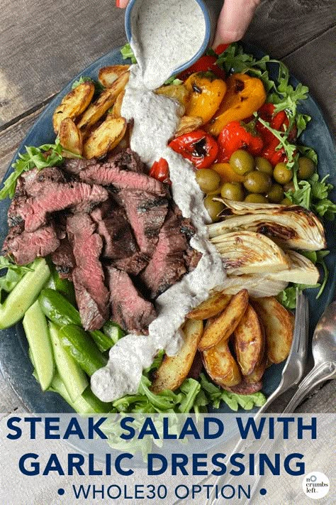 This is a great celebration salad! With grilled skirt steak, potatoes, and some beautiful vegetables, you have a showstopper salad that the whole family will love. #nocrumbsleft #bigsalad #saladinspo #whole30 Creamy Garlic Dressing, Shred 10, Gf Dinners, No Crumbs Left, Grilled Skirt Steak, Garlic Dressing, Sweet Bell Peppers, Steak Salad, Big Salad