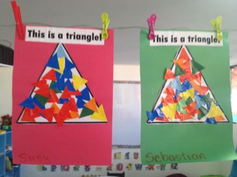 Triangle Collage, Triangle Craft, Triangles Activities, Preschool Shapes, Shape Activities Preschool, Craft Preschool, Teaching Shapes, Shape Collage, Number 21