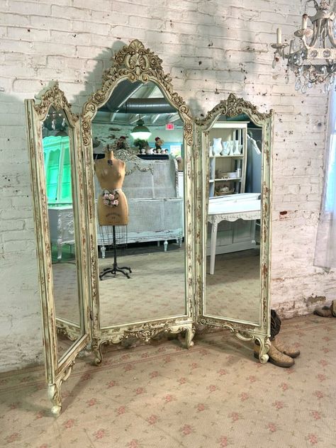 Antique Vintage Shabby Chic Triple Floor Mirror Antique Full Body Mirror, Classy Antique Decor, Trifold Mirror Repurposed, Vintage Makeup Display, Romantic Academia Home Decor, Thrift Finds Decor, Bridal Boutique Interior Design, Standing Mirror Aesthetic, French Victorian Decor