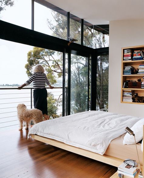 JULIET balcony in bedroom.  Marcia takes in the view. Bedroom Deck, Bedroom With Balcony, Beautiful Modern Homes, Zen Interiors, Juliet Balcony, Bedroom Balcony, Built In Bookcase, Balcony Design, Main Bedroom