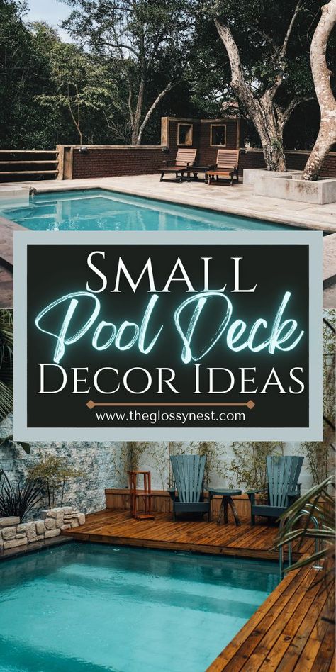 small pool deck decor ideas, furniture for pools Backyard Small Pool, Potted Plants Landscaping, Small Pool Deck, Rectangle Pools, Landscaping Lighting, Swimming Pool Decorations, Pool Deck Decorations, Seating Storage, Rectangle Pool