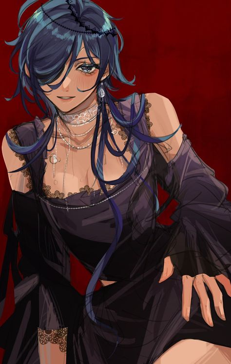 Genderbent Kaeya, Dark Blue Hair Character Design, Kaeya Casual, Kaeya Genderbend, Dark Skinned Anime Guy, Female Kaeya, Blue Hair Anime Female, Kaeya Cosplay, One Eye Covered