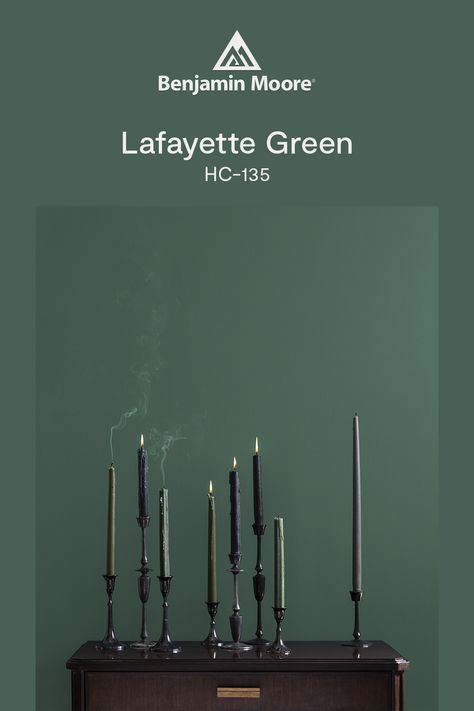 A stately dark green that sets a dramatic mood. Dollar Bill Green Benjamin Moore, Benjamin Moore Lafayette Green, Green Painted Living Room, Interior Green Paint Colors, Painted Living Room Walls, Green Interior Paint Colors, Lafayette Green, Kitchen Lake House, Green Interior Paint