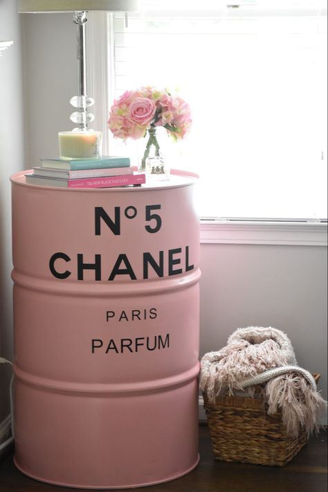 Chanel Rose, Chanel Decor, Diy Props, Bachelorette Pad, Metal Barrel, Vintage Repurposed, Pink Chanel, Braids With Weave, Beauty Studio