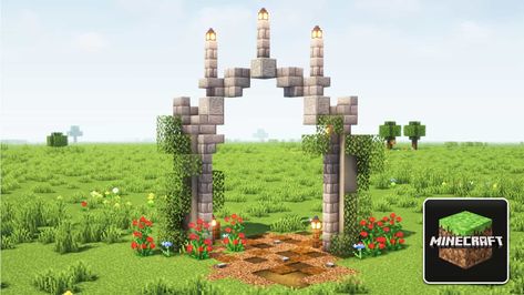 Minecraft Village Entrance Gate, Minecraft Fence Gate Designs, Minecraft Aesthetic Entrance, Entrances Minecraft Ideas, Minecraft Path Way Ideas, Minecraft Wedding Arch, Minecraft Stone Entrance, Minecraft Small Archway, Minecraft Farm Entrance