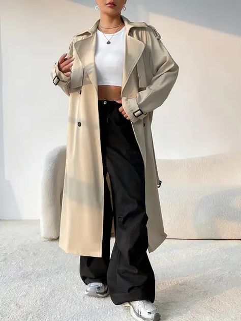 Temu | Explore the Latest Clothing, Beauty, Home, Jewelry & More Longline Trench Coat, Trench Coat Beige, Coat Elegant, Normal Body, Double Breasted Trench Coat, Long Sleeves Coats, Loungewear Sets, Khaki Color, Clothing Size Chart