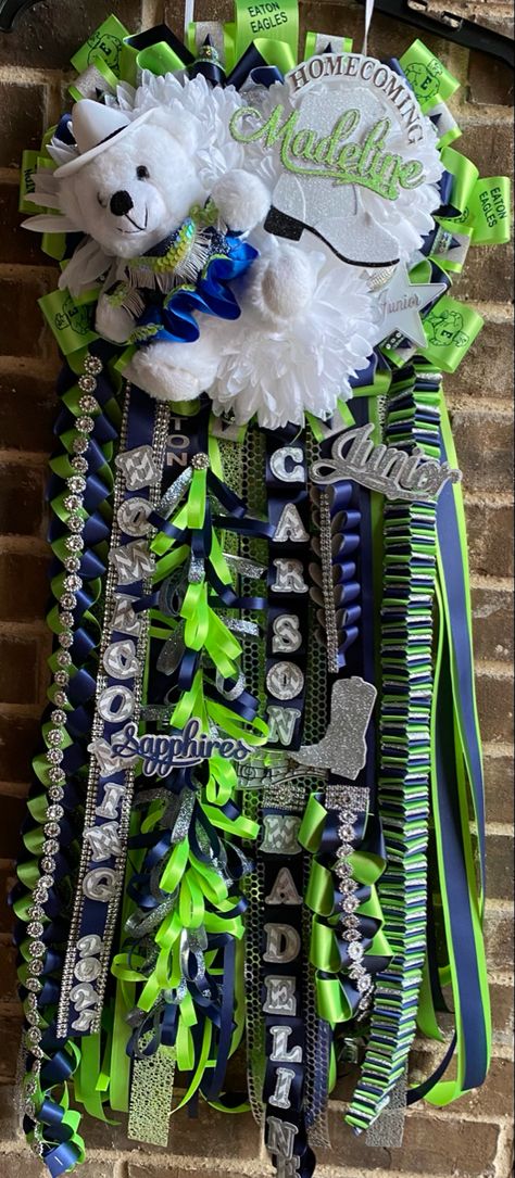 Drill Team Mum Ideas, Blue And Green Homecoming Mum, Drill Team Homecoming Mum, Drill Team Mums Homecoming, Drill Team Mum, Homecoming Mums Junior Year, Junior Mums Homecoming, Mum Homecoming, Hoco Mums