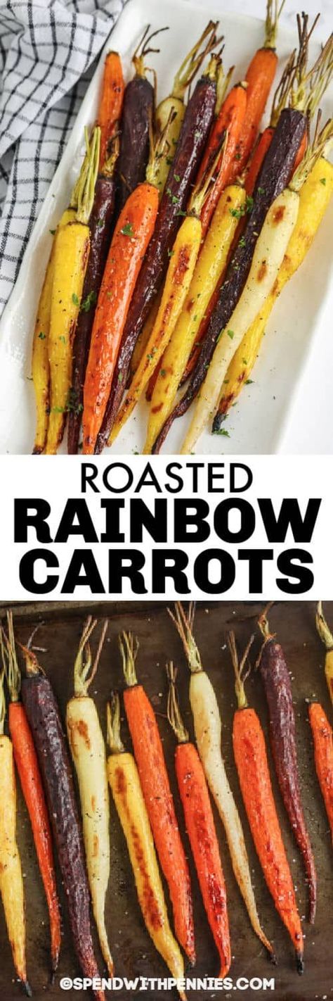 Roasted Rainbow Carrots are colorful & fresh! Everyone will love this sweet & flavorful side dish! #spendwithpennies #roastedrainbowcarrots #sidedish #recipe #roastedcarrots #oven #easy #healthy #brownsugar #sweet #best Roasted Whole Carrots, Easter Side Dishes Recipes, Roasted Rainbow Carrots, Thanksgiving Vegetables, Pistachio Pesto, Rainbow Carrots, How To Roast, Thanksgiving Side, Gluten Free Recipes For Dinner