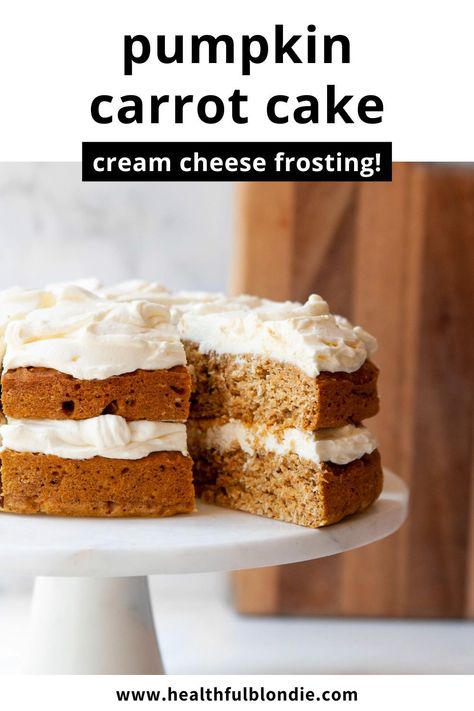 This easy-to-make pumpkin carrot cake is extra moist, pumpkin spiced, and naturally sweetened with maple syrup. Topped off with a homemade healthy cream cheese yogurt frosting, this fall-time cake has the softest crumb and is packed with toasted walnuts, grated carrot, and shredded coconut. Pumpkin Carrot Cake Cupcakes, Pumpkin Carrot Bundt Cake, Carrot Cake With Maple Syrup, Pumpkin Cake For 1st Birthday, Simple Syrup For Carrot Cake, Carrot Pumpkin Cake, Pumpkin Cake Healthy, Small Pumpkin Cake, Carrot Cake Desserts