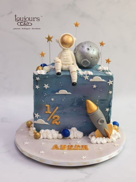 Halfway Around The Sun 6 Months, Universe Theme Cake, Half Year Birthday Cakes 6 Months, Half Cake Birthday 6 Months Boy, Half Way Around The Sun 6 Months, Half Birthday Cake Boy, Half Year Birthday Cakes, 6 Month Baby Cake, Half Year Birthday Ideas