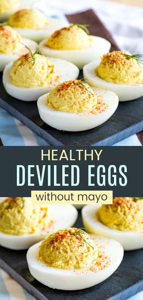 Deviled Eggs With Yogurt, Healthy Deviled Eggs Recipe Greek Yogurt, No Mayo Deviled Eggs Recipe, Mayo Diet Recipes, Deviled Eggs With Greek Yogurt, Ww Deviled Eggs Recipe, Low Carb Deviled Eggs, No Mayo Deviled Eggs, Deviled Eggs Without Mayo