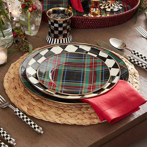 Mackenzie Childs Christmas Table, Mackenzie Childs Kitchen, Mackenzie Childs Christmas, Clown Core, Black Charger, Black Tartan, Holiday Plates, Black Tumbler, Courtly Check