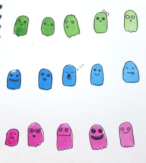 Doodles some ghosts on my thumb prints. Completed on 02/06/17 Fingerprint Doodles, Thumb Drawing, Thumb Painting, Finger Paint, Thumb Prints, Finger Painting, Crafts Ideas, Art Drawing, Fingerprint