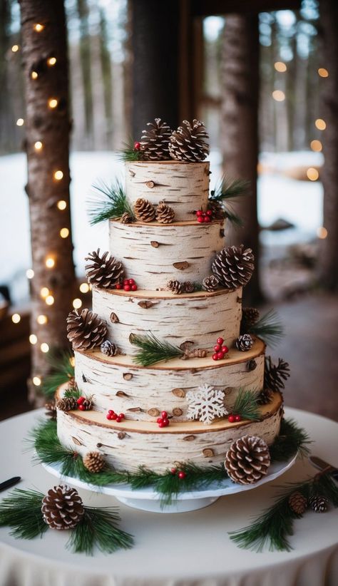 I love the natural beauty of birch log wedding cakes for winter weddings. These cakes mimic the look of real birch trees with their white, textured exterior and dark streaks. Pine Tree Wedding Cake, Wedding Cakes Forest, Woodland Creatures Cake, Log Wedding Cake, Forest Theme Wedding Cake, Rustic Wedding Cake Ideas, Forest Wedding Cake, Winter Wedding Cake Ideas, Birch Cake