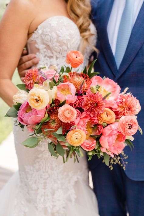 Peach Pink Orange Wedding Flowers, Coral Charm Peony Wedding, Pink And Orange Peony Bouquet, Coral And Pink Wedding Flowers, Pink Orange Yellow Bridal Bouquet, Coral Bridal Bouquet, Ranunculus Peony Bouquet, Colorful Dahlia Bouquet, Wedding Bouquets August