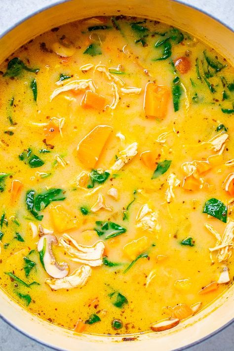 Creamy Sweet Potato Chicken Soup - Averie Cooks Potato Chicken Soup, Recipe With Sweet Potatoes, Sweet Potato Chicken, Potato Chicken, Sweet Potato Soup Recipes, Comfort Food Chicken, Chicken Soup Recipe, Chicken Sweet Potato, Chicken Noodle Soup Homemade