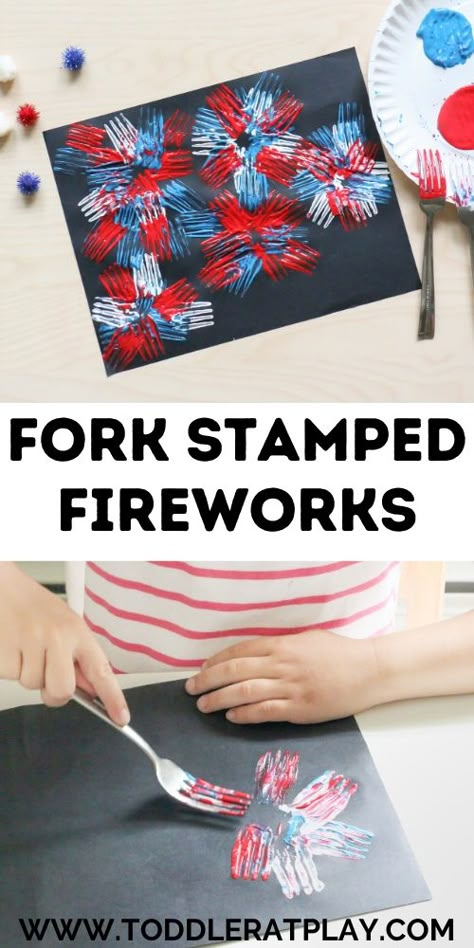 Fork Stamped Fireworks Craft - Toddler at Play Fireworks Art For Toddlers, Fire Work Crafts For Kids, Bonfire Night Crafts, Fireworks Craft For Kids, Craft Toddler, Fourth Of July Crafts For Kids, July Activities, Fireworks Craft, Fireworks Art