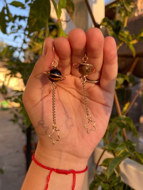 Planet Earrings | Healing Crystal Earrings | Symbolizes Taking Action | For Relieving Fear and Aiding Harmony and Balance Wire Planet Earrings, Things To Make With Wire, Self Made Jewelry, Spiritual Earrings, Handmade Earrings Ideas, Planet Earrings, Wire Wrapped Jewelry Diy, Tiger Eye Earrings, Bijoux Fil Aluminium