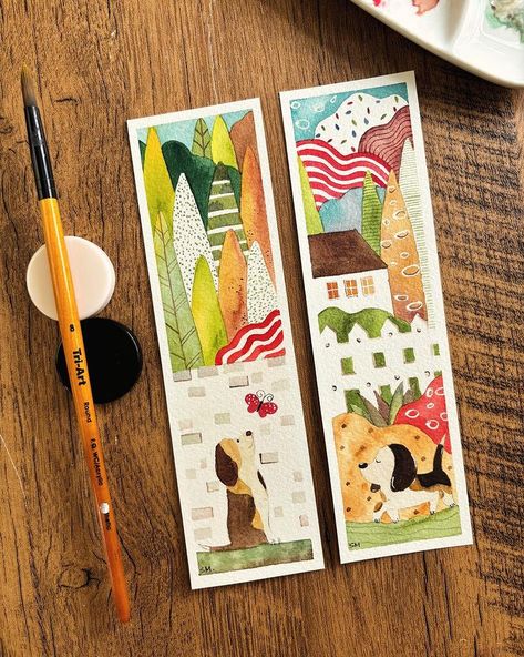 Little house bookmarks.🏡🏡 Paint and brush: @triart.mfg . . . . . . . #colorsbysue#bookmarks #bookmarklover #cutebookmark… | Instagram Hand Painted Stickers, Bookmark Illustration Design, Illustrated Bookmarks, Bookmark Painting, Bookmark Art, Water Poster, Watercolor Flowers Tutorial, Creative Bookmarks, Watercolor Bookmarks