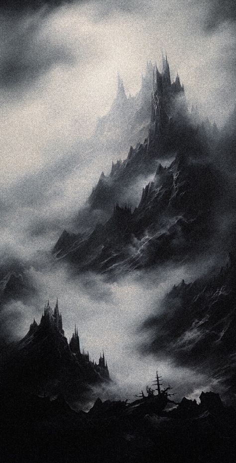 Dark Souls Scenery, Dark Mountain Painting, Dark Fantasy Landscape Art, Medieval Wallpaper Aesthetic, Medieval Aesthetic Wallpaper, Dark Fantasy Aesthetic Wallpaper, Dark Souls Aesthetic, Ethereal Wallpapers, Ethereal Art Dark