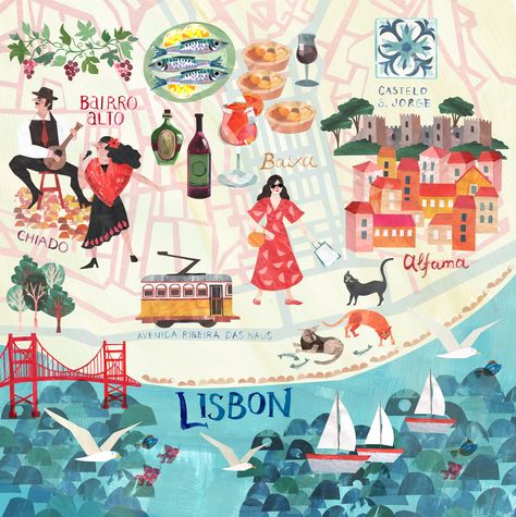 Lisbon Map, Travel Infographic, Lisbon Travel, Travel Poster Design, Blue Mosque, Map Globe, East Meets West, Travel Illustration, Portugal Travel