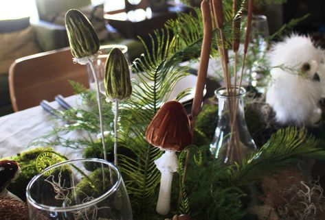 Diy Christmas Bells, Velvet Mushrooms, Storybook Forest, Antique Bell, Creative Table, Fall Mantle, Creative Tables, Witchy Crafts, Gold Spray