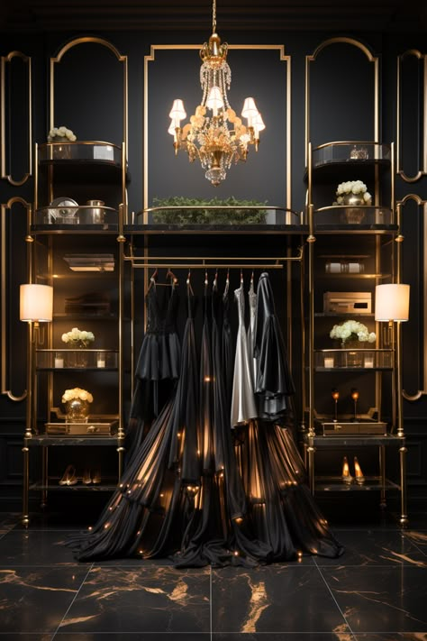 Black White And Gold Walk In Closet, Dark Moody Closet, Black And Gold Wardrobe, Moody Closet, Walk In Closet Luxury, Lingerie Store Design, Closet Conversion, Gold Wardrobe, Black Closet