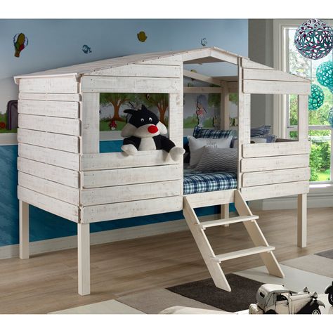 All ready to be their fort, clubhouse, and hideout (not to mention bed) all in one, this imaginative loft bed is crafted of wood in a distressed rustic sand finish kids love. Treehouse Loft Bed, House Loft Bed, Rustic Loft, Tree House Kids, Bunk Beds With Stairs, Low Loft Beds, Bed Twin, Driftwood Finish, House Loft