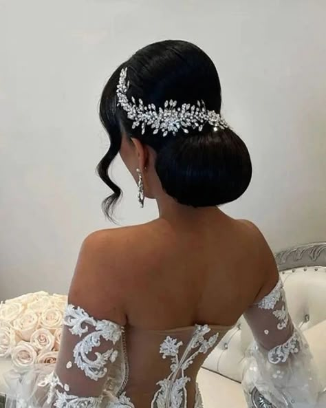 This magical wedding hairstyle could be perfect for the bride-to-be seeking bridal beauty. Save this stunning hairdo in your bridal collection. Wedding Hair Accessory, Bridal Updo With Headpiece, Sleek Bridal Updo, Bride Hairstyles Updo, Natural Wedding Hairstyles, Bride Updo, Bridal Bun, Bride Hairstyle, Bridal Hair Inspiration