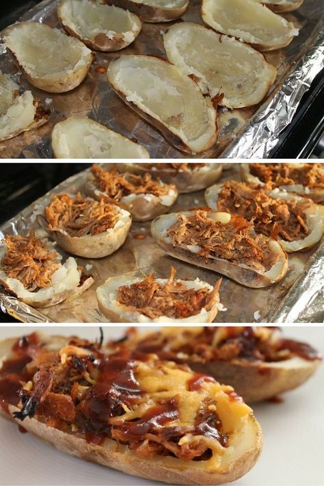 Pulled Pork Potato Skins Pulled Pork Potato, Food Recipes For Breakfast, Pulled Pork Recipes, Recipes For Breakfast, Pork Recipe, Potato Skins, Baked Potatoes, Football Food, Pork Dishes