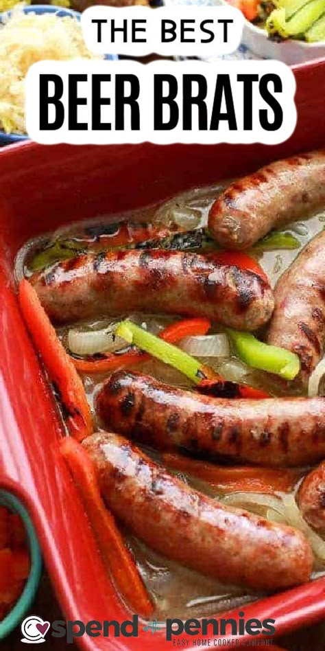 Beer Brats Recipe Stove, Brats Recipes Grilling, Beer Bratwurst Recipes, Beer Brats Recipe, Brats Recipe, Brat Sausage, Beer Bath, Beer Bratwurst, Grilled Bratwurst