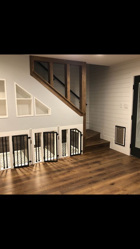 3 dog crates under stairs. Beds Homemade, Rustic Dog Beds, Bed Under Stairs, Under Stairs Dog House, Dog Beds Homemade, Dog Bedroom, Beds Ideas, Beds Diy, Dog Kennel Cover