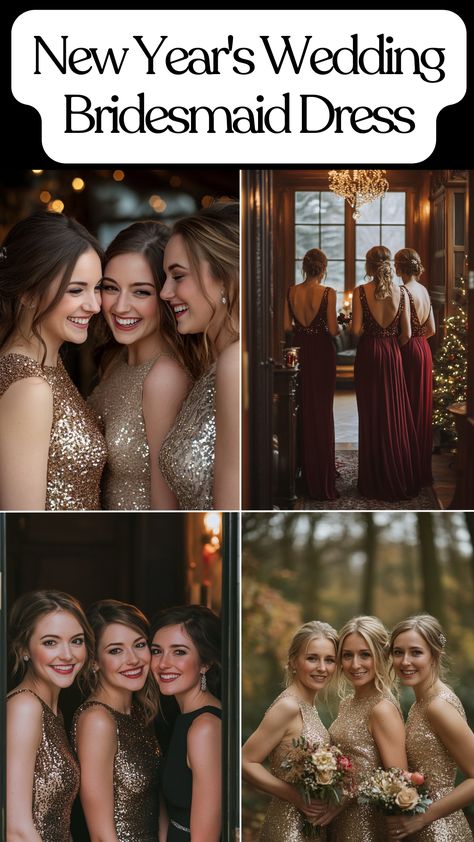 Bridesmaids in glamorous dresses for a New Year's Eve wedding. New Year’s Eve Bridesmaid Dresses, New Years Eve Wedding Bridesmaid Dresses, New Years Wedding Colors, Nye Wedding Colors, Bridesmaid Dress Color Schemes, Wedding Brides Maid, Sequin Bridesmaid Dress, Bridesmaid Look, Bridesmaid Dress Color