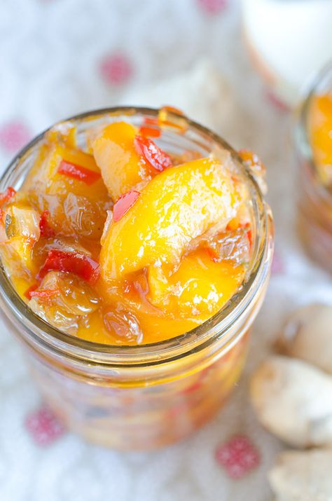 Fresh Peach Chutney - serve over top pork chops or satisfy your beginner's appetite on cheese and crackers. Peach Canning Recipes, Peach Canning, Peach Chutney Recipes, Spicy Chutney, Canning Ideas, Cheese And Crackers, Peach Jam, Chutney Recipe, Jam And Jelly