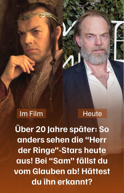 Die "Herr der Ringe"-Stars sehen heute ganz anders als. Das ist aber kaum verwunderlich, immerhin ist die Trilogie schon über 20 Jahre her! Demensprechen sind die Schauspieler*innen auch älter geworden und viele erkennt man gar nicht mehr wieder. Hugo Weaving spielte damals den Elben „Elrond“. In der Realität wird der Schauspieler aber durchaus �älter. Aber auch "Samweis" alias Sam, gespielt von Sean Astin erkennt man kaum wieder! Hugo Weaving, Pixar, Star Wars