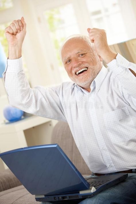 Photo about Old man celebrating at home, laughing and raising arms, having laptop computer, looking at camera. Image of browsing, celebrate, cheerful - 16618166 Mcr Songs, Image Meme, Hate Cats, Survival Instinct, Marketing Photos, Old Person, Creative Photos, Guitar Player, My Chemical Romance