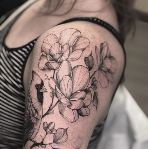 CASEY BRESSO • SNYDER ♡ on Instagram: “Magnolias (from the same arm as the cardinal piece)! 🖤 Peonies and magnolias are always my favorite flowers to tattoo! • • • #floraltattoo…” Cardinal And Magnolia Tattoo, Fine Line Magnolia Tattoo, Flowers To Tattoo, Michigan Tattoos, Cardinal Tattoo, Cardinal Tattoos, Magnolia Tattoo, Hummingbird Tattoo, Dainty Tattoos