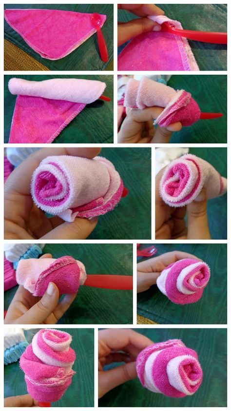 DIY for Mommies: Washcloth Roses Washcloth Roses, Baby Washcloth Flowers, Washcloth Crafts, Baby Bouquet, Diaper Gifts, Idee Babyshower, Boy Baby Shower Ideas, Baby Shower Crafts, Baby Shower Diaper Cake