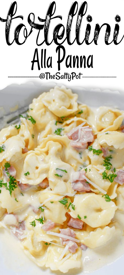 This Tortellini Alla Panna recipe has tender ricotta pasta, diced salty, smoky ham in a delicious parmesan cream sauce. One of the best parts about this alla panna recipe is that a 15-minute easy and incredibly delicious recipe! Alla Panna Sauce Recipe, Tortellini Alla Panna Recipe, Tortellini Sauce Recipes, Tortelinni Recipe, Baked Tortellini Recipes, Easy Tortellini Recipes, Tortellini Alla Panna, Recipes Using Ham, Ham Steak Recipes