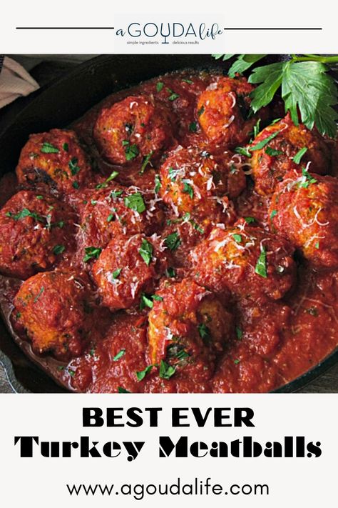 Delicious juicy Italian Meatballs from ground turkey, parmesan cheese and fresh herbs simmered in hearty, homemade pasta sauce. Get the recipe at AGOUDALIFE.COM #turkeymeatballs #groundturkeyrecipe #groundturkey #italianmeatballs #healthyturkeymeatballs #healthyrecipe #healthyfood #agoudalife Ground Turkey Italian Meatballs, Turkey Italian Meatballs, Turkey Lentil Chili, Meatballs In Marinara Sauce, Tomato Marinara Sauce, Italian Turkey Meatballs, Homemade Pasta Sauce, Turkey Meatballs Healthy, Ground Turkey Meatballs