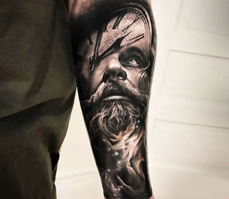 Father Time tattoo by Arlo Tattoos Father Time Tattoo, Arlo Tattoo, Arlo Dicristina, Face Morph, Full Sleeve Tattoo Design, Tattoo Forearm, Father Time, Full Sleeve Tattoos, Full Sleeve Tattoo