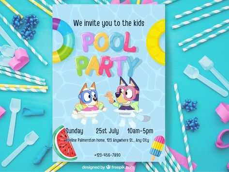 Bluey Pool Party, Invitation Bluey, Bluey Birthday, Kids Birthday invite, Pool party invitation, bluey bingo Pool Party Kids Birthday, Bluey Invite, Bluey And Bingo Birthday, Bingo Birthday, Bluey Bluey, Pool Party Kids, Bluey Party, Bluey Bingo, Bluey Birthday