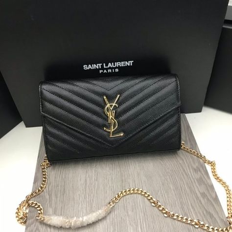 ! ❤️BEAUTIFUL❤️YSL Monοgram CHAIN WALLET IN GRAIN DE POUDRE EMBOSSED LEATHER Ysl Chain Wallet, Ysl Wallet On Chain, Saint Laurent Handbags, Envelope Wallet, Chain Wallet, Bags Black, Saint Laurent Paris, Wallet Chain, Womens Tote