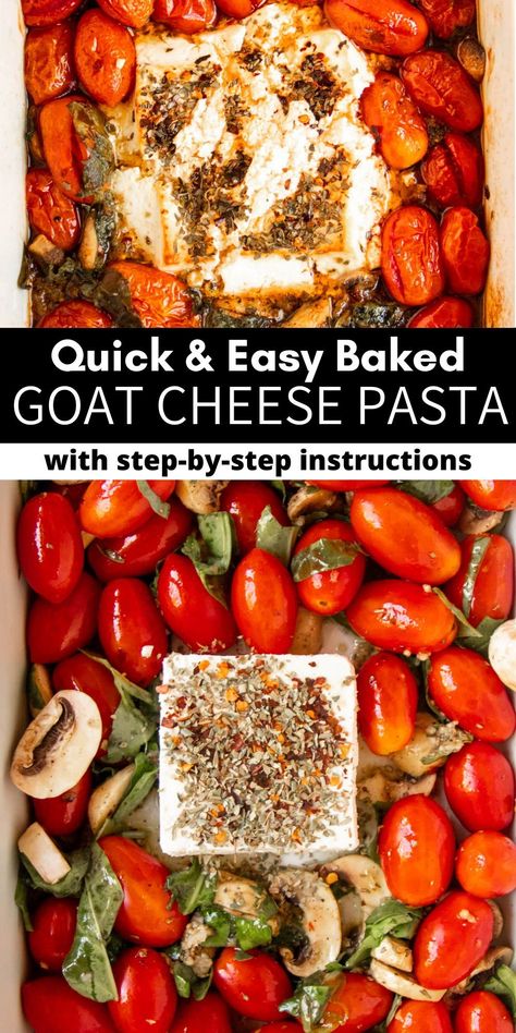 This goat cheese pasta is an easy and creamy pasta that is made with spinach, mushrooms, cherry tomatoes, goat cheese, balsamic vinegar, olive oil, and spices. This whole dish can be made in under an hour, and it’s beyond delicious! Cherry Tomato Goat Cheese Recipes, Goat Cheese Roasted Tomatoes, Goat Cheese Mushroom Pasta, Pasta Dish With Cherry Tomatoes, Low Carb Goat Cheese Recipes, Balsamic Pasta Recipes, Balsamic Onion And Goat Cheese Pasta, Cherry Tomato Goat Cheese Pasta, Goat Cheese Baked Pasta