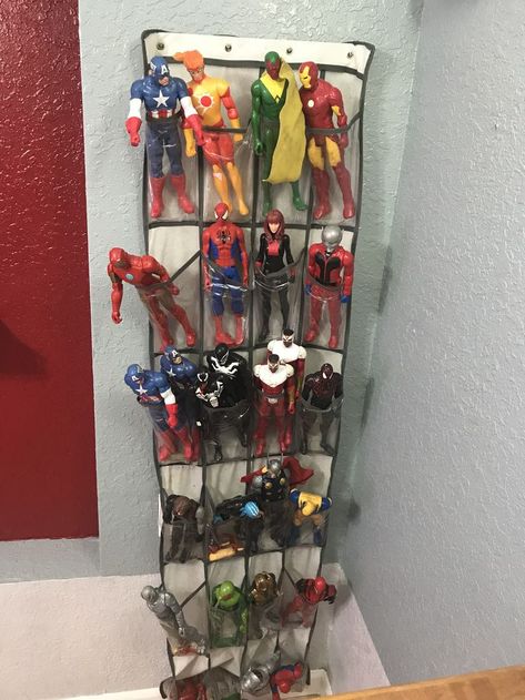 12” action figure storage | Toy rooms, Kid toy storage, Toy organization Superhero Toy Storage, Action Figure Organization, Action Figure Storage For Kids, Action Figure Storage Ideas, Action Figure Display Ideas, Superhero Storage, Spiderman Room Ideas, Action Figure Storage, Boy Toy Storage