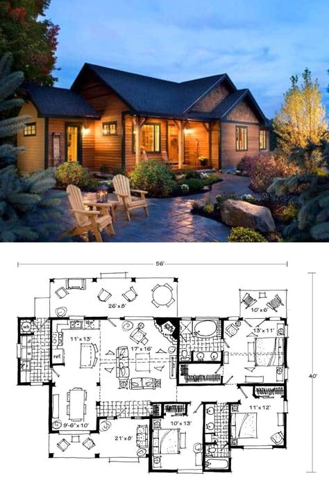 Peek at the gorgeous wood cabin exterior and exceptional backyard landscaping of this one story, 3 bedroom, 2 bathroom, farmhouse cabin house plan. Just tap to access the ranch country farmhouse cabin interiors gallery of this 1416 sq. ft. rustic cabin home. See more luxury cabin house plans at https://www.thehousedesigners.com/plan/the-cherokee-2202/ #HousePlan #CabinHousePlans #CabinInteriors Wood Cabin Exterior, One Story Cabin, Rustic Cabin Home, Wood Cabin, Plan Floor, Farmhouse Cabin, Bathroom Farmhouse, Gambrel Roof, Cabin Floor