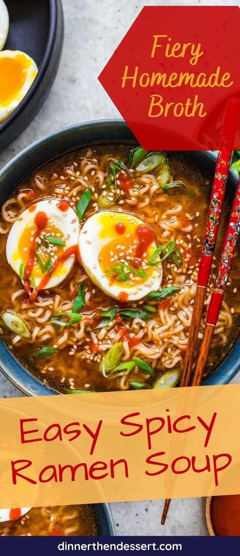 Easy Spicy Ramen recipe with a rich homemade spicy broth and instant noodles. A quick and delicious bowl of ramen soup in about 15 minutes! Easy Spicy Ramen, Pho Recipe Easy, Spicy Ramen Soup, Homemade Ramen Broth, Spicy Pho, Spicy Ramen Recipe, Spicy Ramen Noodle Recipes, Asian Bbq Sauce, Spicy Broth