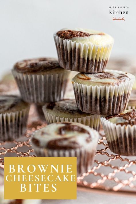 Brownie + Cheesecake = Dessert Heaven! These bites are the perfect dessert that will give you a sweet treat, without going overboard on the sugar by pairing a fudgey chocolate brownie with creamy cheesecake. These desserts are so convenient and poppable, you'll love having them handy! With a simple swirl technique, you can easily make these look super impressive. #cheesecake #cheesecakebites #browniebites #bitesizedesserts #desserts #dessertrecipes #easydesserts #easydessertideas Brownie Cheesecake Bites, Cheesecake Cinnamon, Smoked Venison, Venison Tenderloin, Cinnamon Cheesecake, Brownie Cheesecake, Mini Brownies, Pie Cheesecake, Smoked Food