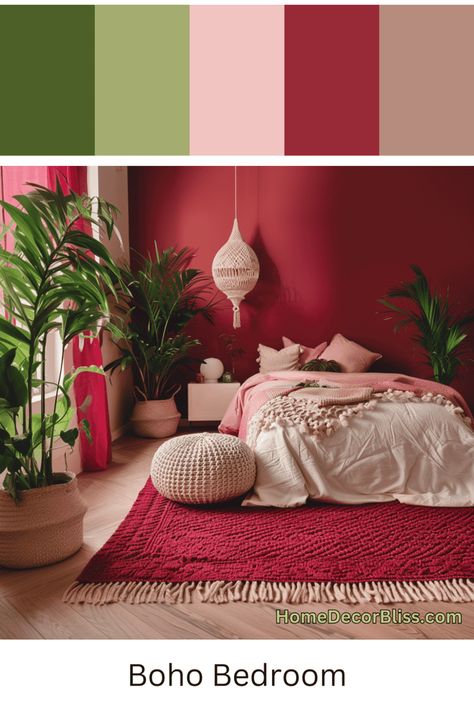 Boho Red and Pink Bedroom: Deep Red Walls and Lush Plants Red Pink Living Room, Boho Red Bedroom, Pink Boho Room Ideas, Deep Pink Bedroom, Pink And Red Bedroom Ideas, Light Red Bedroom, Pink And Red Bedroom Aesthetic, Red Wall Living Room, Red Wall Bedroom Ideas