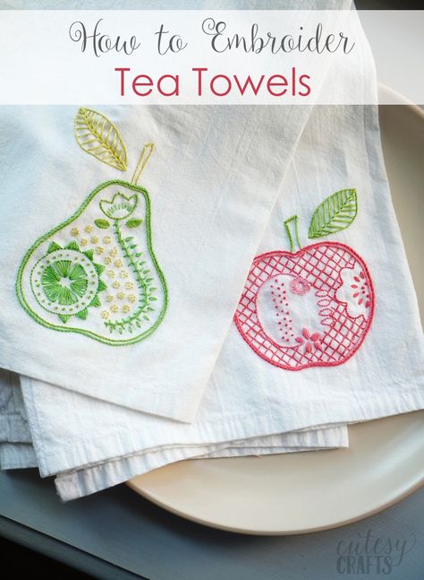 Diy Towel Embroidery, How To Embroider Tea Towels, Embroider Tea Towels Diy, Embroider Towels Diy, Embroidered Tea Towels Pattern, Hand Embroidered Tea Towels Diy, Embroidery On Tea Towels, How To Embroider Napkins, Cross Stitch Hand Towels